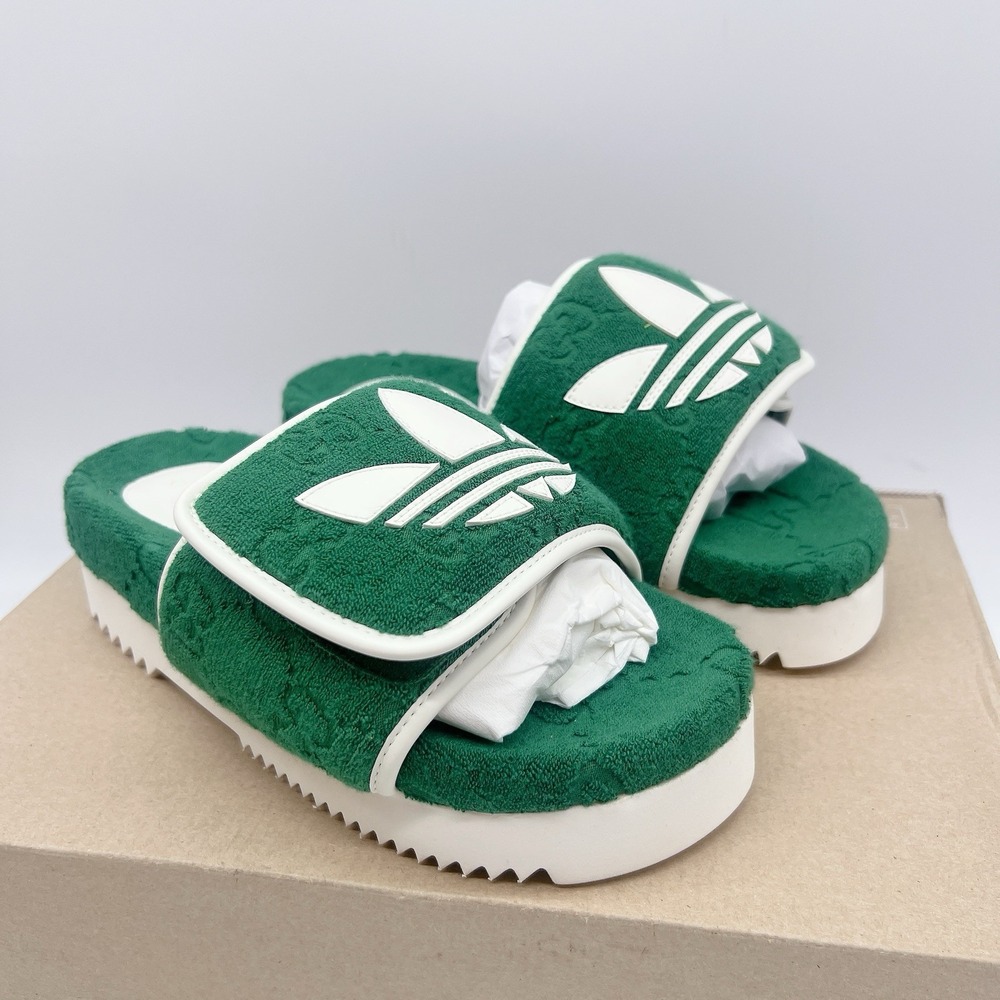 Gucci X Adidas Terry Women's Platform Slides Sandals Cloth Green Size EU 37 US 7